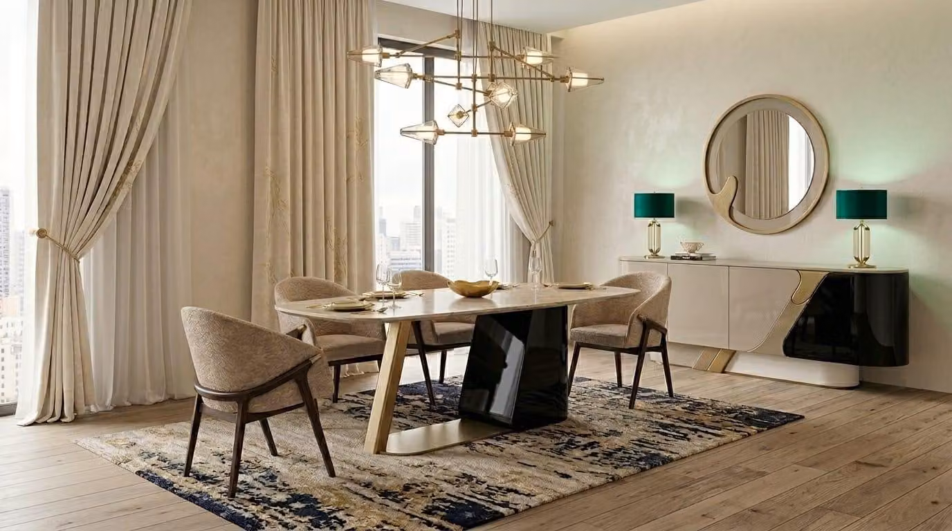 Set esclusivo per la sala da pranzo, composto da tavolo, 4 sedie e un mobile contenitore a specchio