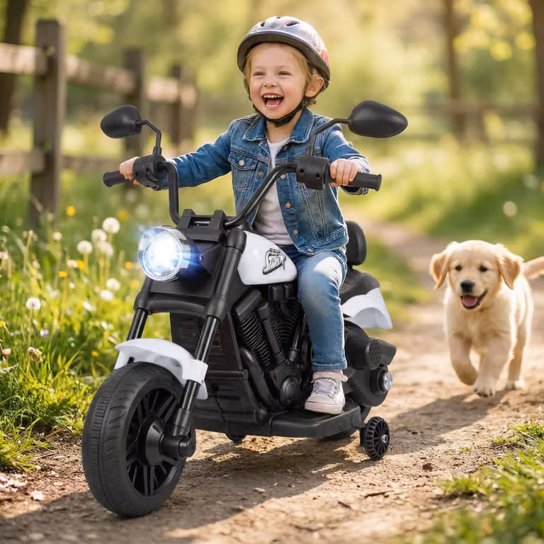 Moto elettrica Costway per bambini con fari e musica, batteria 6V, colore bianco