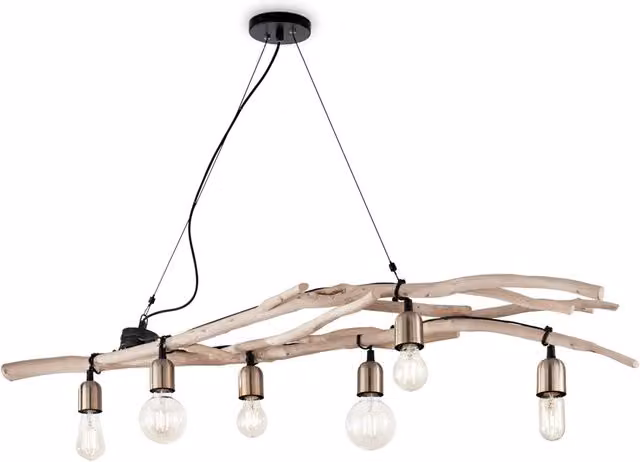 Sospensione Industrial-Minimal Driftwood Legno Marrone 6 Luci E27