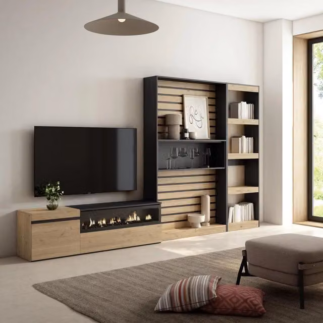 Mobile TV per soggiorno con camino elettrico SKRAUT HOME, colore Rovere e nero, L: 320 cm, P: 35 cm, H: 186 cm