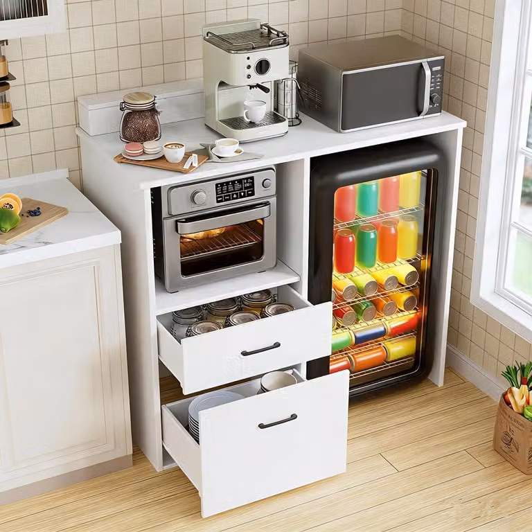 Mobile da cucina e credenza in un unico elemento, con ripiano per il microonde e 2 cassetti, colore bianco