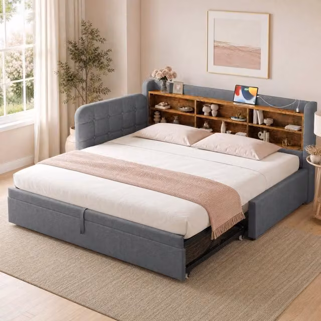 Letto Giorno REDOM in tessuto grigio con letto estraibile e porta USB, L/P/H: 90 x 200 x 101.5 cm