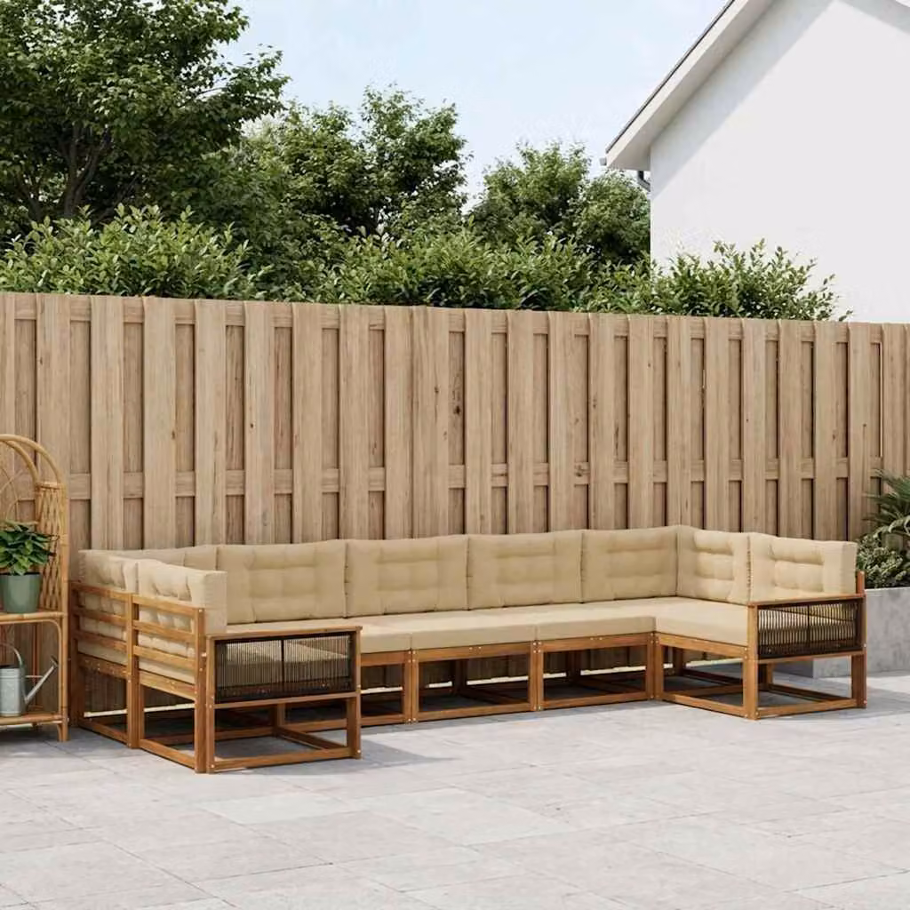 Set di divani da esterno vidaXL 7 pz in legno di acacia con cuscini, beige e marrone, design moderno a L per giardino e terrazza