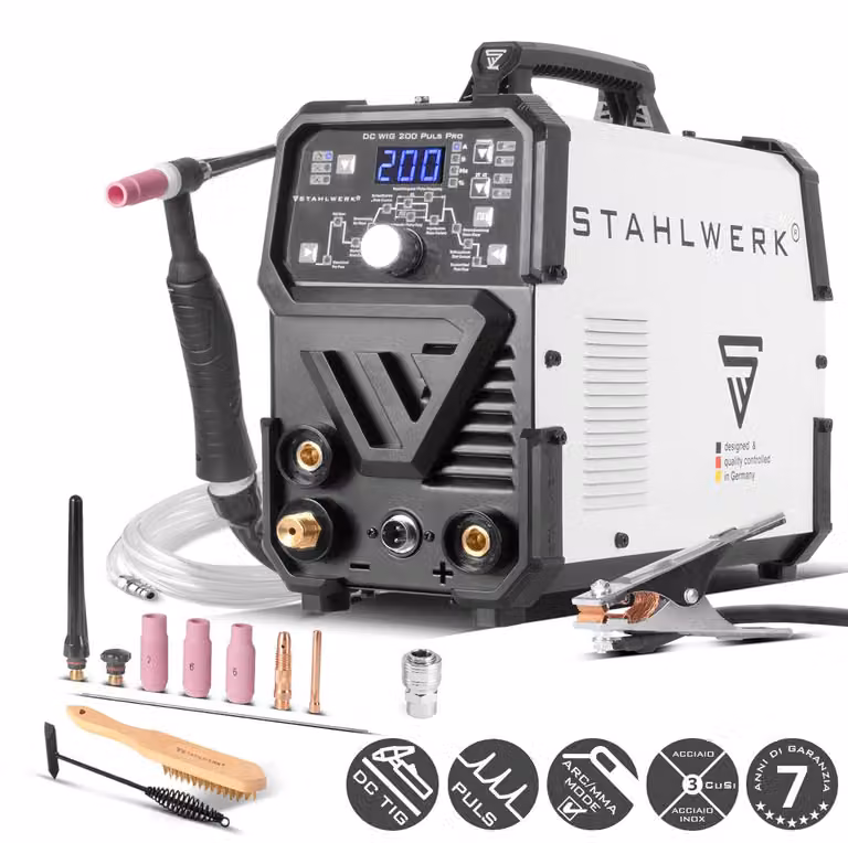 STAHLWERK saldatrice ad arco schermato a gas 2 in 1 Combi DC TIG 200 Puls Pro - TIG e MMA fino a 200 A, funzione a impulsi, lamiere sottili, acciaio, acciaio inox, rame, ottone