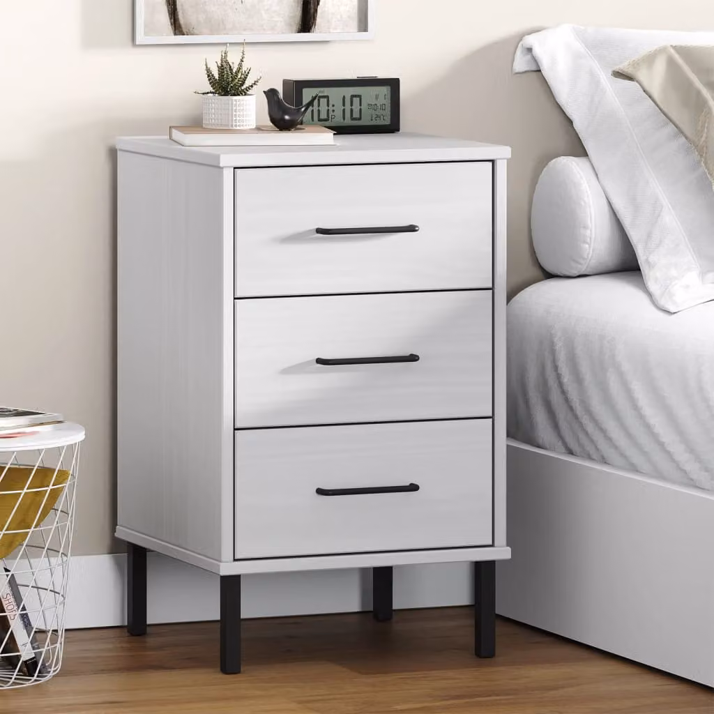 vidaXL Comodino con Gambe in Metallo Bianco Legno Massello Pino OSLO
