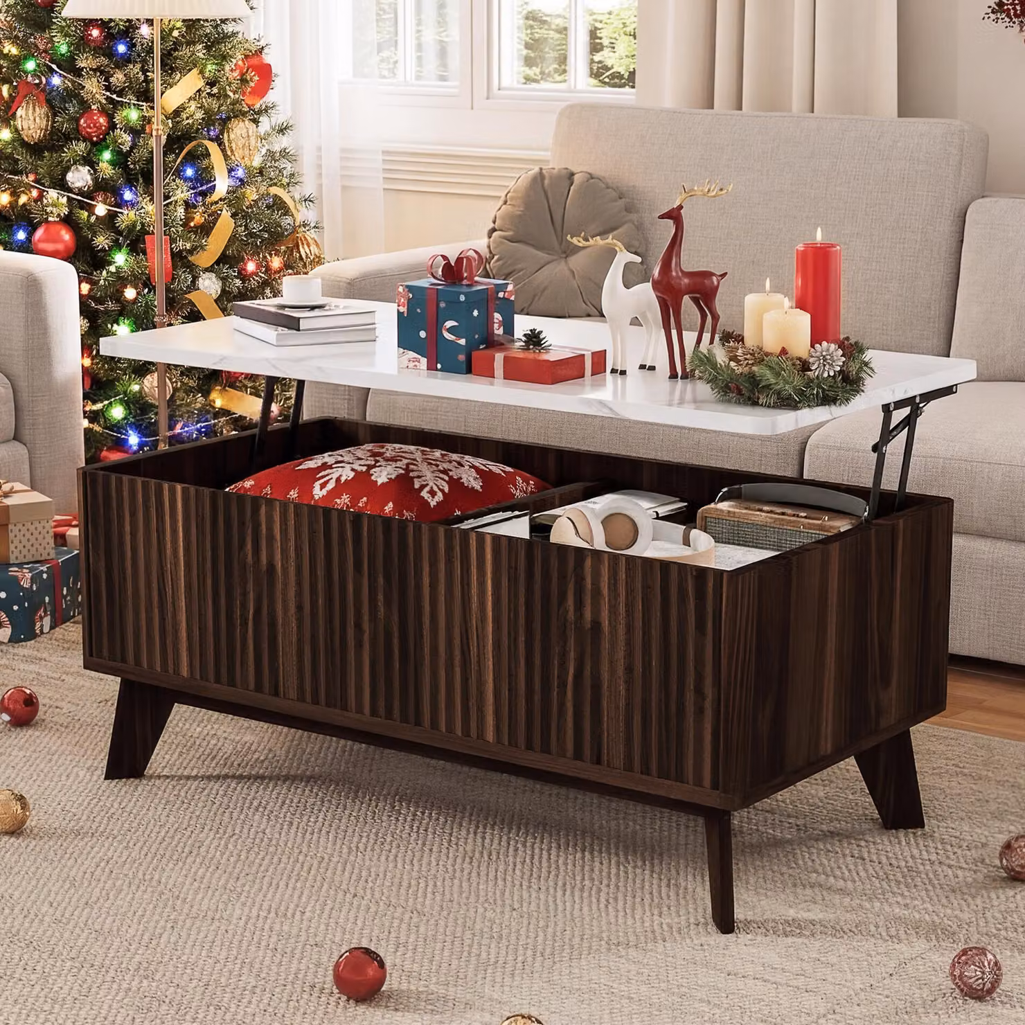 Tavolino REMZETTA con piano regolabile in altezza e spazio contenitivo, tavolino moderno per il soggiorno con finitura effetto noce, dimensioni 105 x 53 x 42 cm, ideale per soggiorno e sala da pranzo