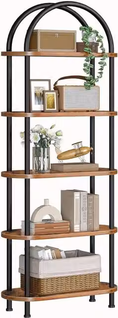 Libreria a 5 livelli, aperta a listelli, unità di archiviazione in legno, libreria curva, esposizione d'arte, per soggiorno, camera da letto, ingresso, hall, stile vintage miele
