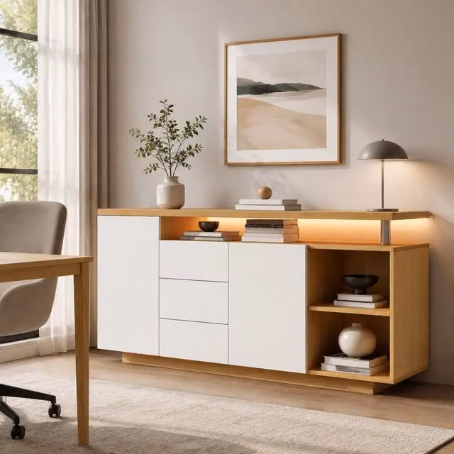 Credenza moderna MIVRAY con 2 ante, 3 cassetti, 2 vani aperti e illuminazione LED bianca effetto rovere chiaro L/P/H: 140 x 40 x 70 cm