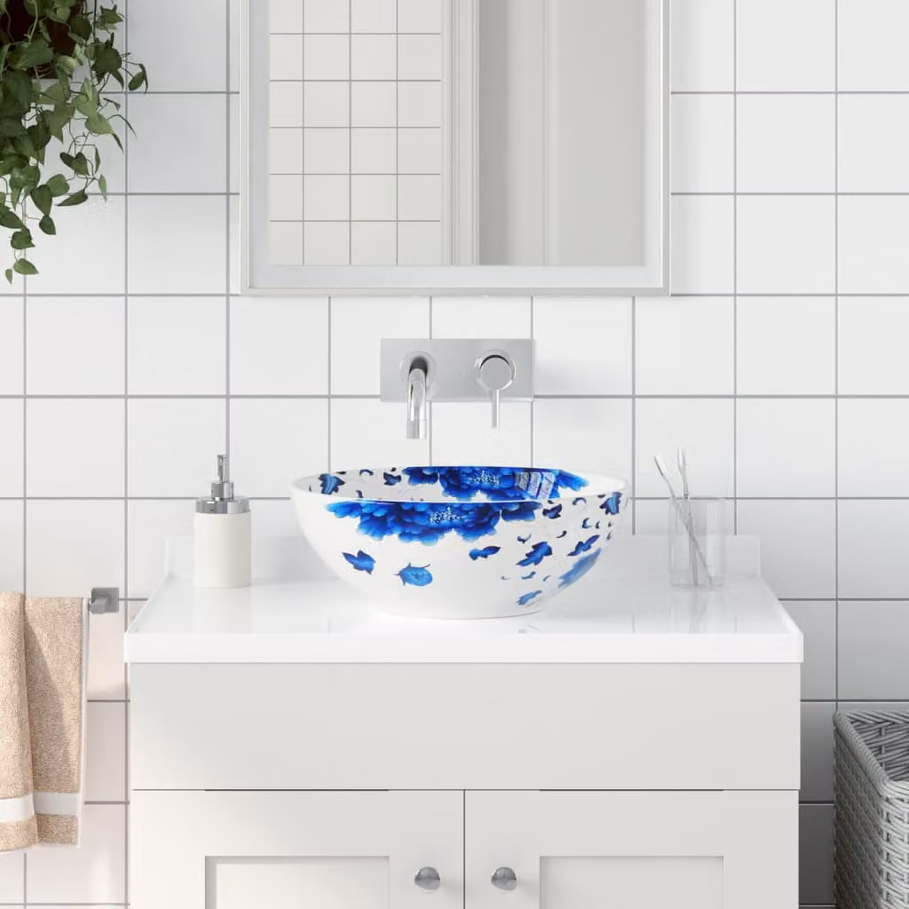 Lavabo da appoggio rotondo vidaXL in ceramica bianco e blu, Diametro: 41 cm, Altezza: 14 cm