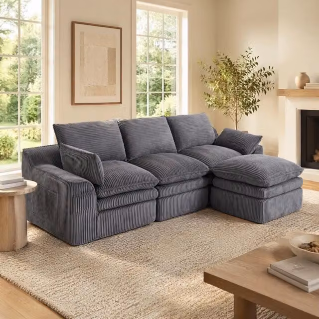 Divano Modulare a L REDOM in Velluto a Coste Grigio con Pouf e Cuscini, L/P/H: 263 x 167 x 85 cm – 1