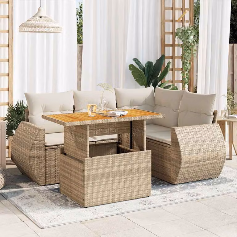 Set Divano da Giardino vidaXL 5 pz in Polyrattan con Cuscini Beige e Tavolino da Esterno a Forma di L