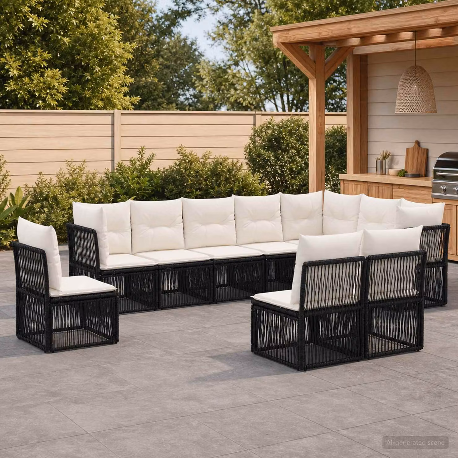 Set Divano da Giardino vidaXL 10 Pezzi a Forma di U in Polyrattan Nero con Cuscini e Struttura in Acciaio