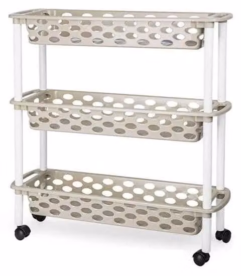 Carrello stretto con 3 cesti, ideale per cucina e bagno, in PVC, color beige, dimensioni 18 x 61 x 58 cm