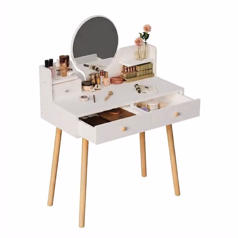 Toeletta da trucco da 80 cm con specchio, bianca, ampi cassetti in stile loft