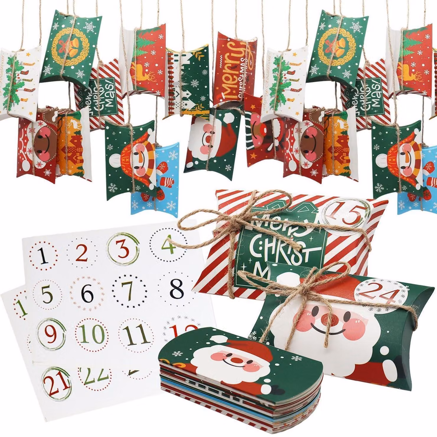 Calendario dell'Avvento da riempire, 24 scatole regalo, contenitori a forma di cuscino, con adesivi e corda di iuta
