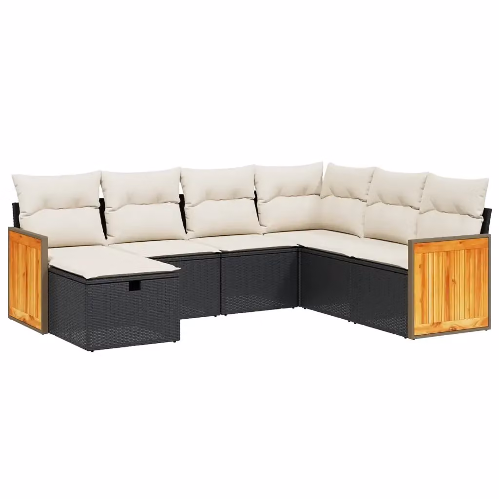 Set di Divani da Giardino a Forma di L vidaXL con 7 Cuscini, Struttura in Metallo e Polyrattan, Colore Nero e Bianco – 2