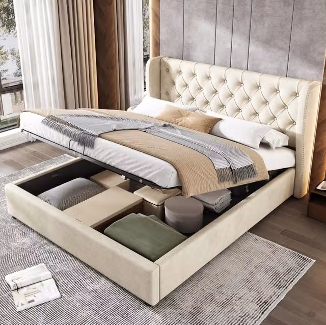 Letto imbottito Chesterfield 140x200 in velluto con contenitore; beige