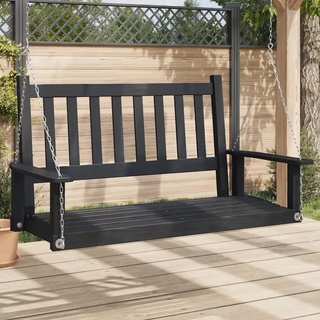 Panchina a dondolo da giardino moderna in legno di pino e metallo nero con braccioli – 2