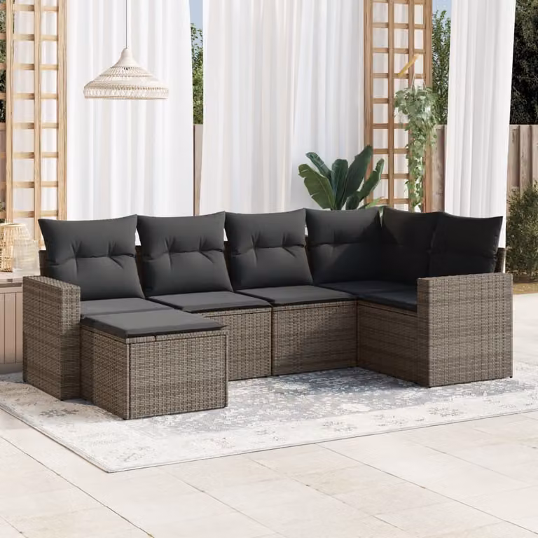Set Divano da Giardino vidaXL 6 pz in Polyrattan Grigio con Cuscini e Ottoman a Forma di L
