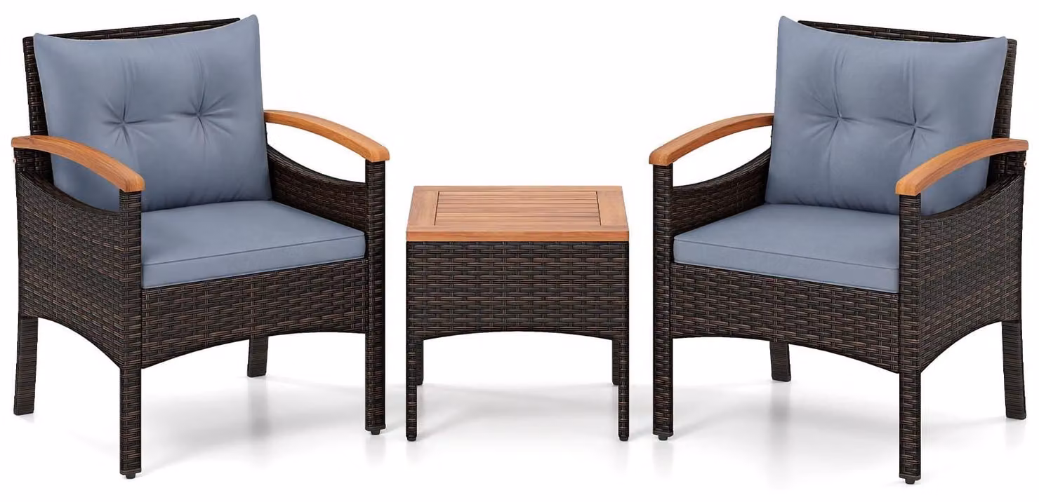 Set da giardino in rattan composto da 3 pezzi con cuscini e tavolo.