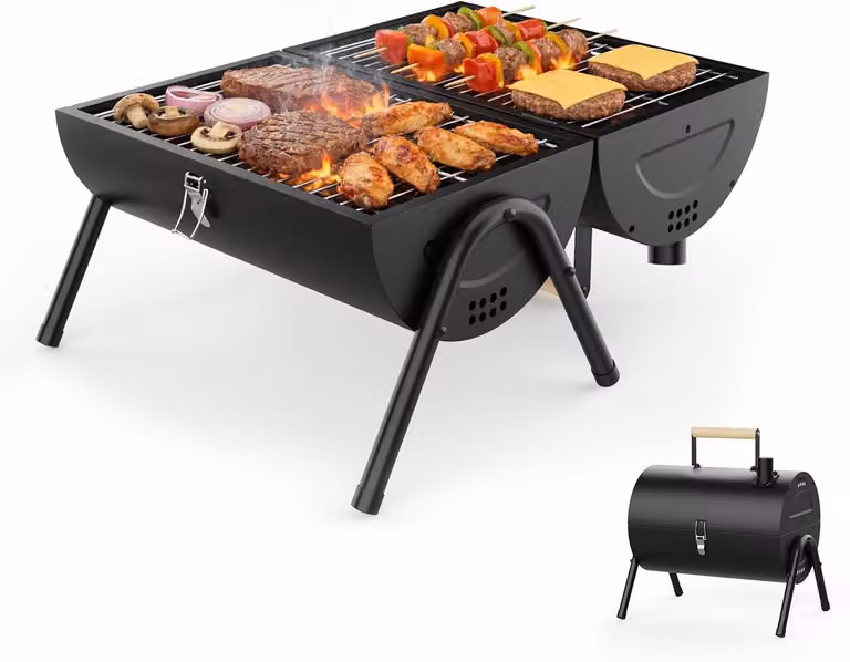 Griglia portatile a carbone, 2-in-1 con piastra per grigliare e cuocere, compatta, ideale per campeggio e picnic