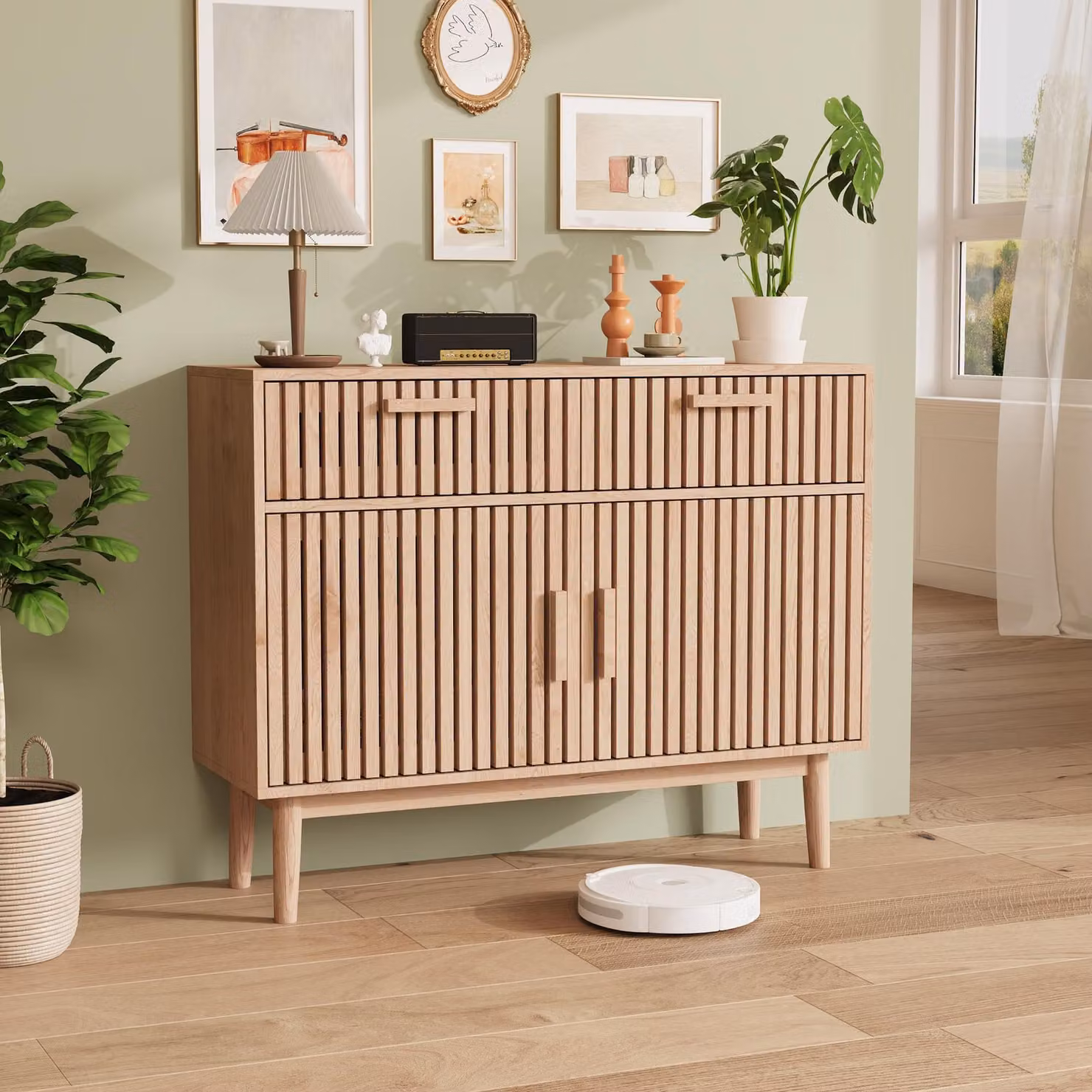 Fortuna Lai cassettiera a 2 cassetti 2 ante credenza 100 cm credenza multiuso credenza credenza alta credenza a gola verticale Moderna (colori legno rovere)