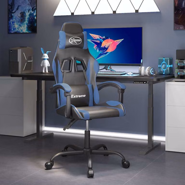 Sedia da Gaming vidaXL Nera e Blu in Similpelle con Poggiatesta e Ruote