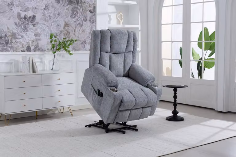 Poltrona elettrica con funzione di sollevamento e massaggio, velluto grigio chiaro. Poltrona relax con funzione riscaldamento, reclinabile e portabicchieri – Ideale per anziani