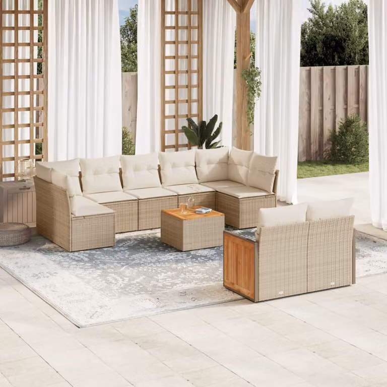 Set Divano da Giardino vidaXL 10 pz in Polyrattan con Cuscini Beige e Tavolino