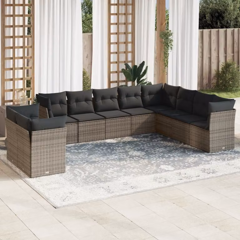 vidaXL Set Divano da Giardino 10 pz a L in Polyrattan Grigio con Cuscini Imbottiti e Rivestimenti Rimovibili