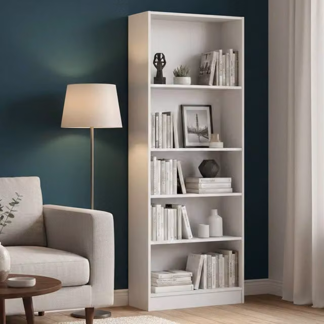 Libreria moderna DMORA in MDF bianca con pannello posteriore L: 79 cm, P: 27 cm, H: 107 cm – 1
