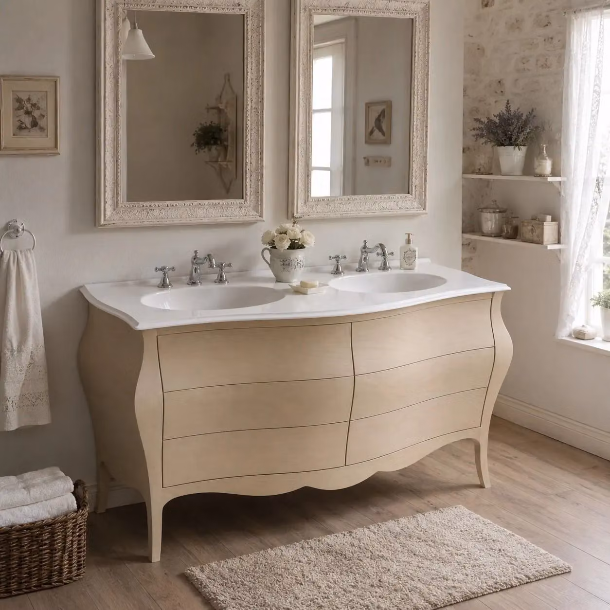 Mobile bagno Mobili 2G con 6 cassetti e doppio lavello in legno grezzo bianco L/P/H: 162 x 58 x 83 cm – 2