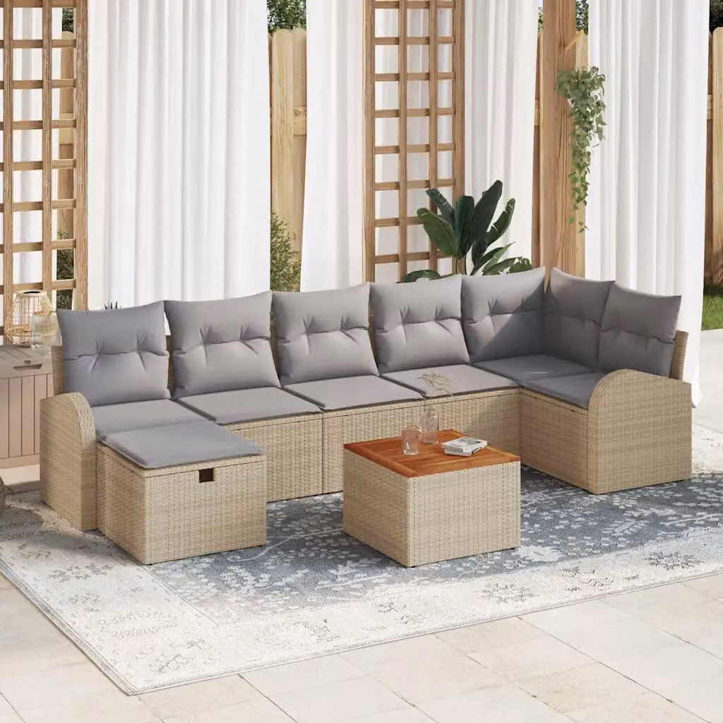 Set Divano da Giardino vidaXL 8 Pezzi Beige con Cuscini e Tavolino, Design a L in Polyrattan e Acciaio con Struttura Resistente ai Raggi UV