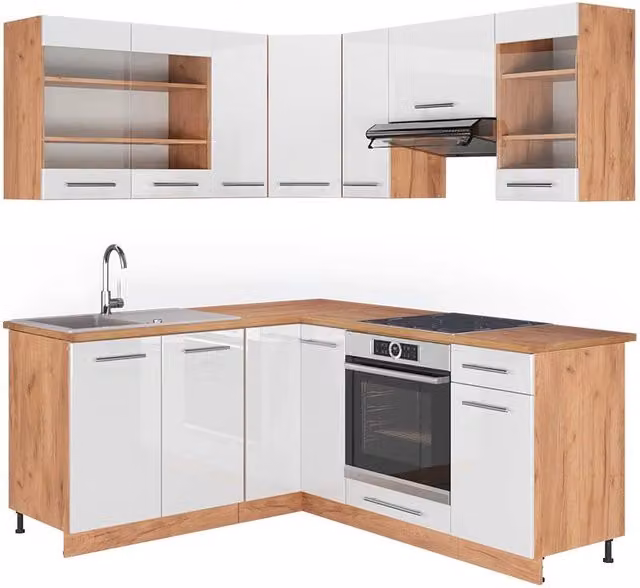 Cucina angolare moderna Vicco Fame-Line Bianco lucido e Rovere dorato L/P/H: 190 x 60 x 206,8 cm