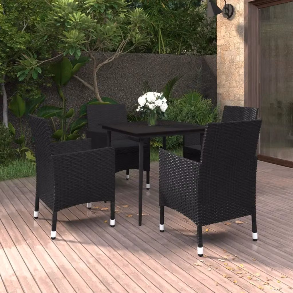 Set da Pranzo da Giardino 5 Pezzi in Polyrattan Nero con Tavolo in Vetro e Cuscini – 2