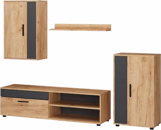 Parete attrezzata Berno Vicco in Rovere dorato e Antracite, set di 4 pezzi per soggiorno, L: 140,0 cm, H: 51,75 cm, P: 38,7 cm