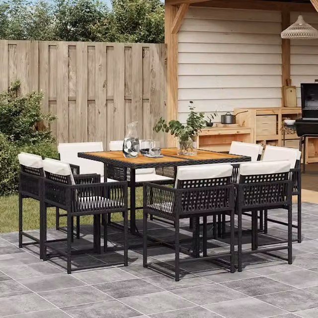 Set da Pranzo da Giardino 9 pz con Cuscini Nero in Polyrattan 3211563