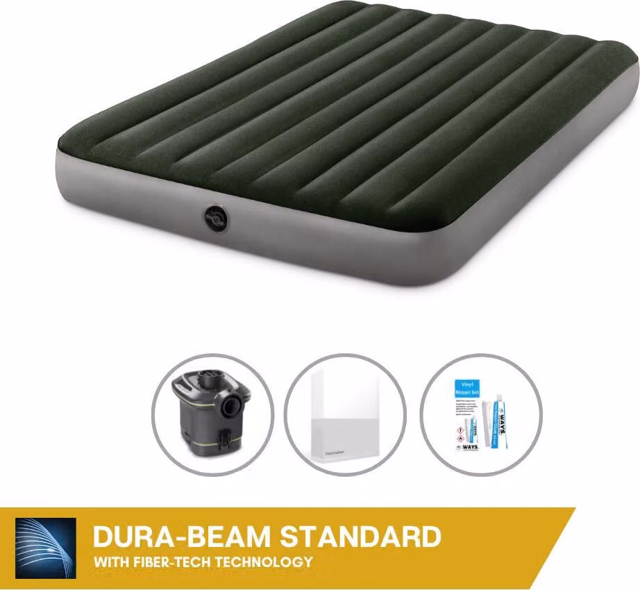 Letto gonfiabile Intex - 2 persone - 152 x 203 x 25 cm - Verde - Con pompa + lenzuolo bianco + set di riparazione