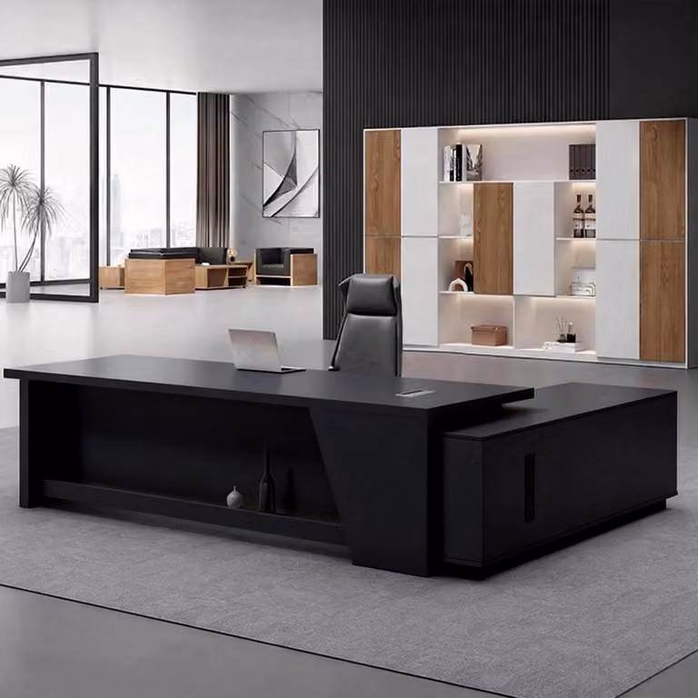 Scrivania a forma di L con spazio contenitivo, dimensioni 180x80x75 cm, colore nero e bianco