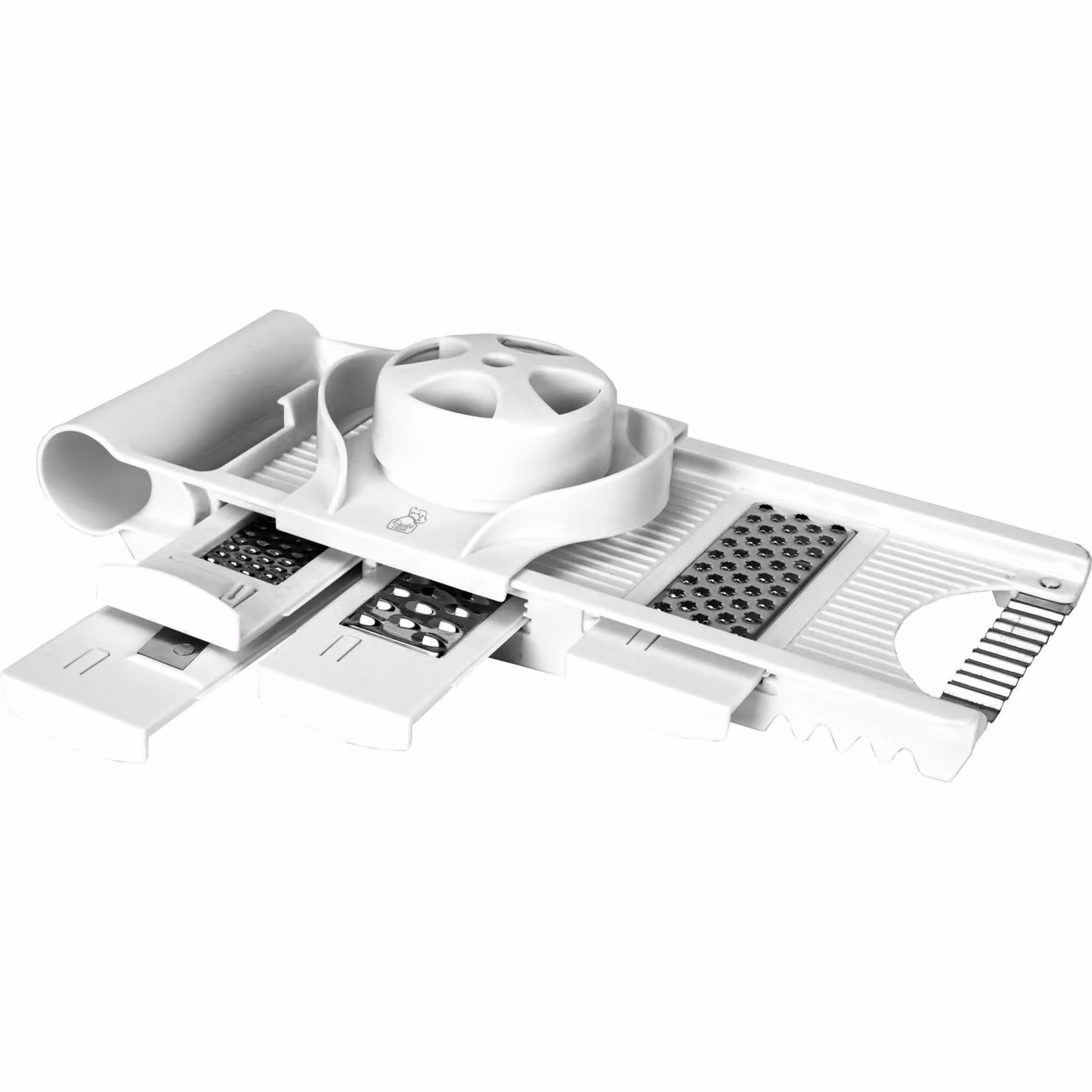 GUSTO CASA Affettatrice Multiuso 5 in 1 con Mandoline e Lame in Acciaio Inox, Colore Bianco