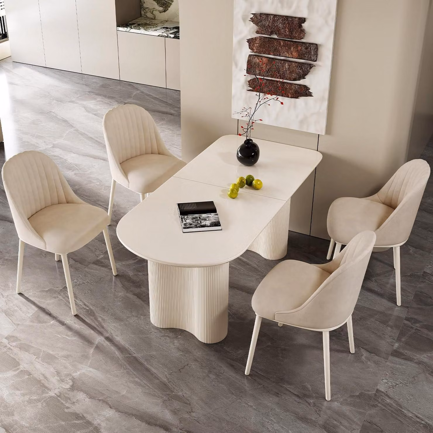 Tavolo da pranzo con 4 sedie imbottite, colore bianco, dimensioni 180 cm. Design minimalista e salvaspazio