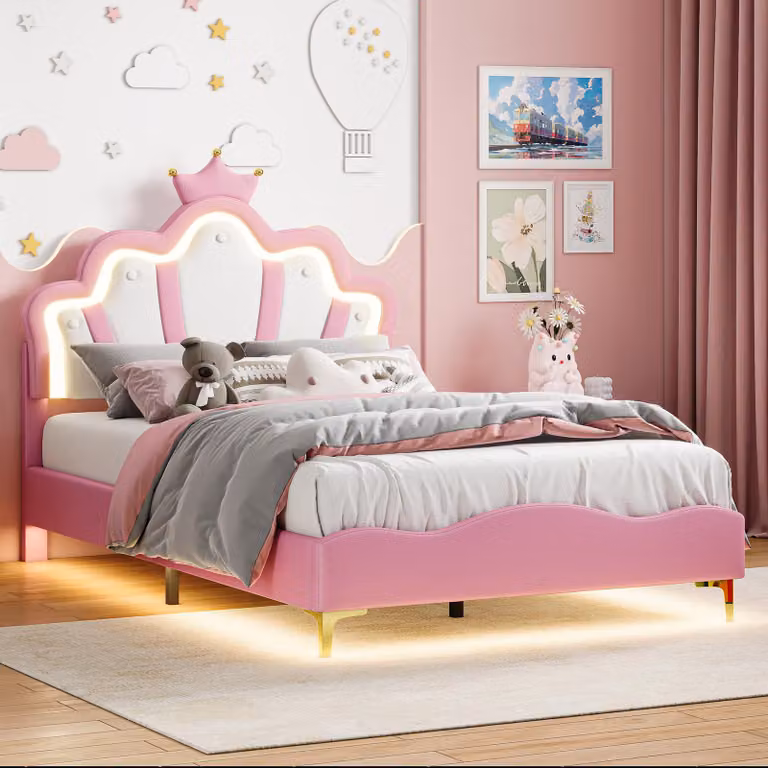 Letto per bambini 140x190 cm, imbottito con testiera a forma di , sistema RGB, testiera regolabile in altezza, rete a doghe, colore rosa, capacità fino a 200 kg, senza materasso