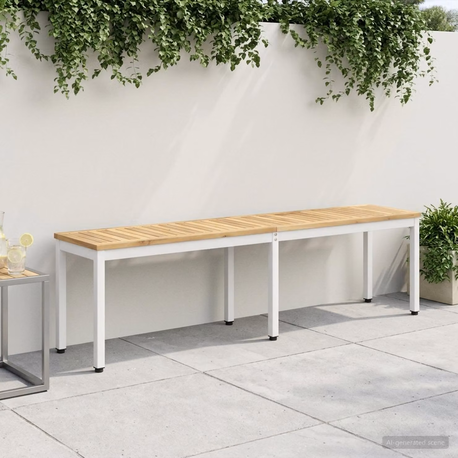Panchina da giardino vidaXL in legno di acacia massello e metallo, stile rustico, colore bianco, L 161 x P 35 x H 45 cm