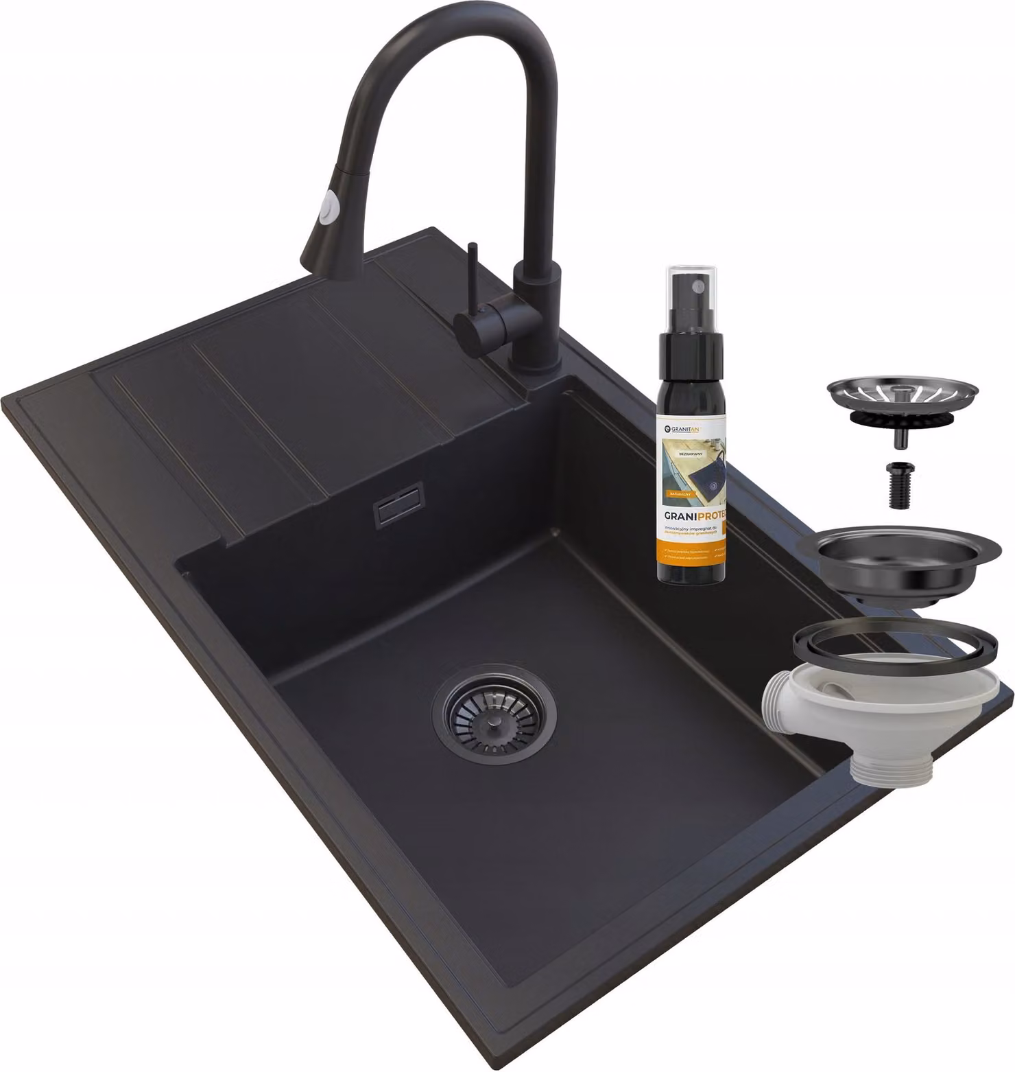 Granitan - Lavello in granito - Lavello da cucina - 80x50 cm - Nero - con rubinetteria SNAKE e scolapiatti - LOUIS