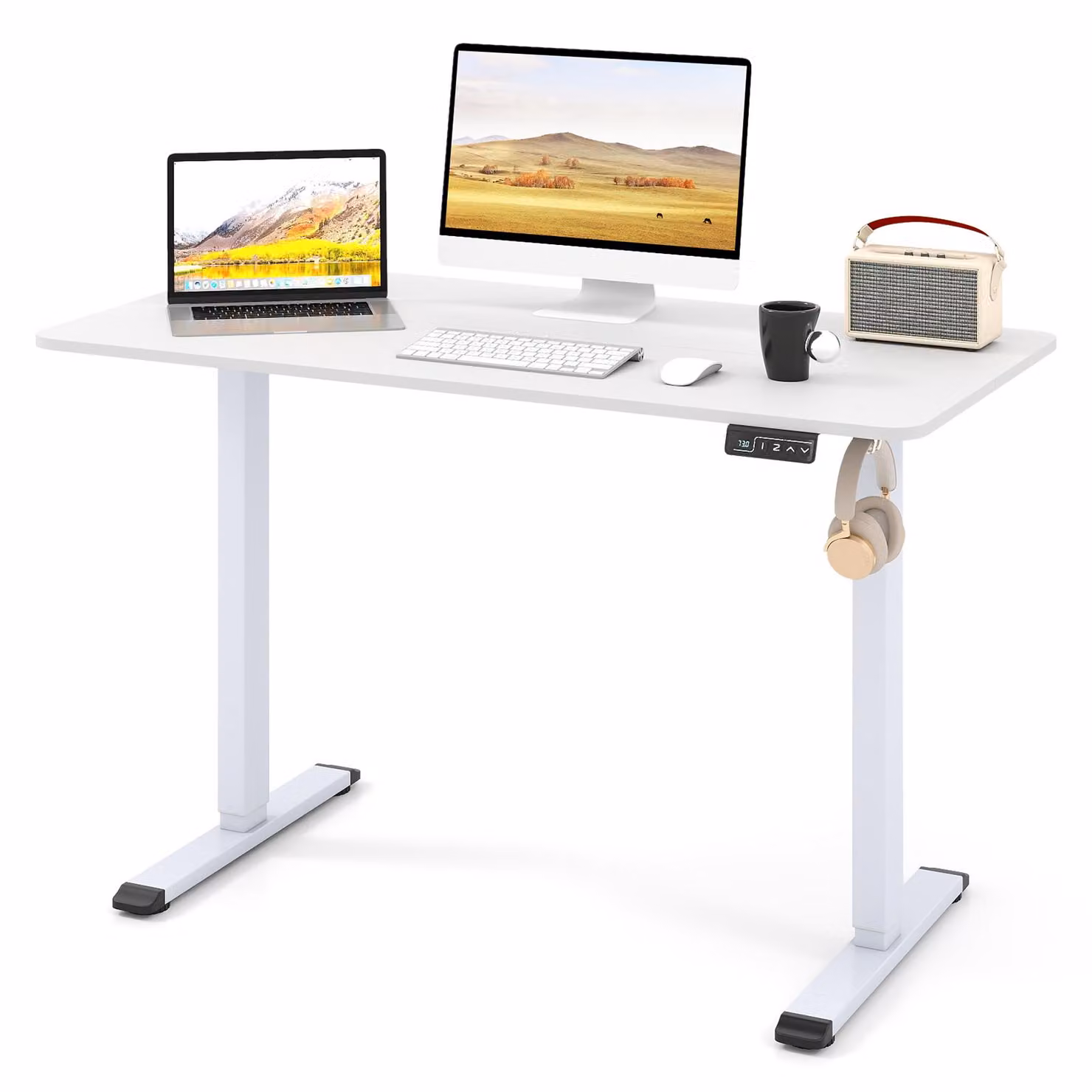 COSTWAY Scrivania regolabile in altezza, scrivania in piedi con gancio per cuffie e gestione dei cavi, scrivania per computer, scrivania per ufficio, bianco