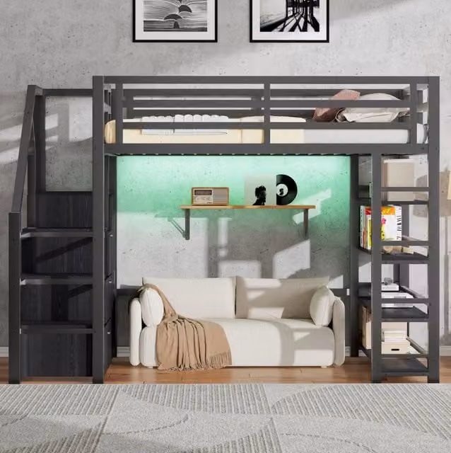 Letto a soppalco 140x200 cm con LED; libreria; armadio e scala contenitore; nero