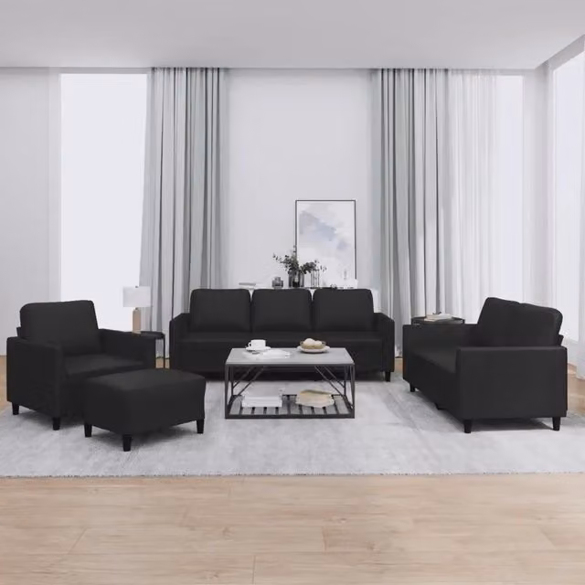 Set di divani moderno vidaXL in similpelle nera composto da divano a 3 posti, divano a 2 posti, pouf e cuscini decorativi – 1