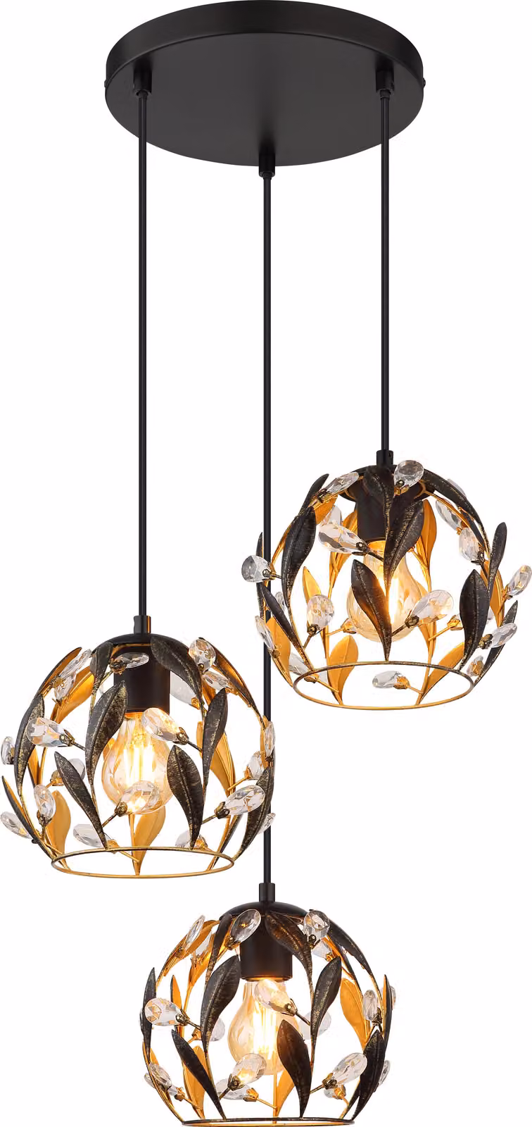 Lampada a sospensione, metallo, nero, oro, cristalli