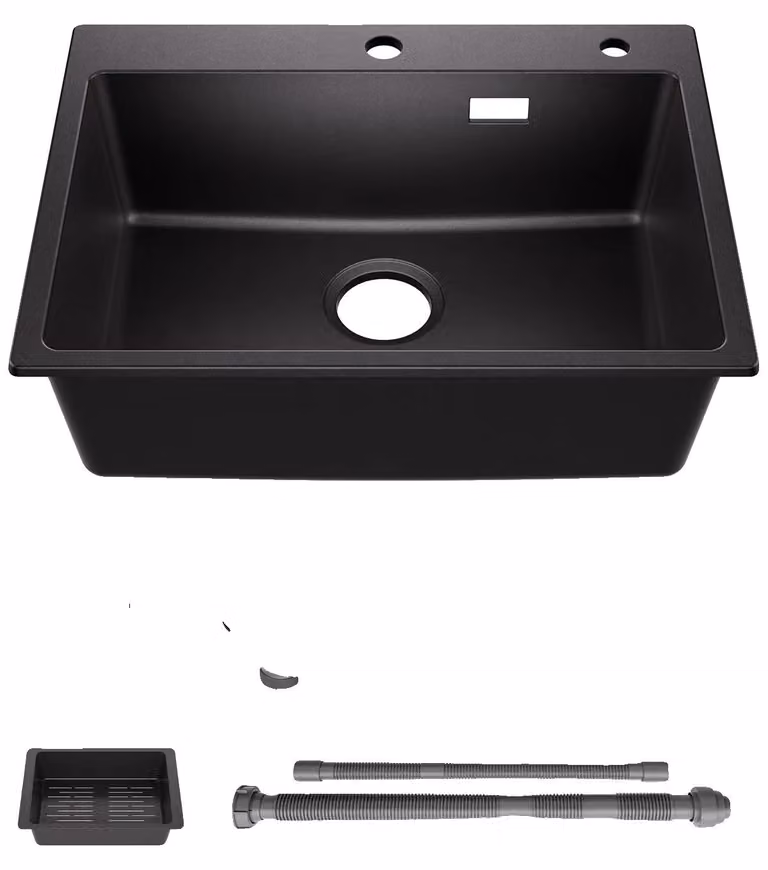 Lavello da cucina, composito di quarzo, design del sistema di scarico multifunzionale, colore nero