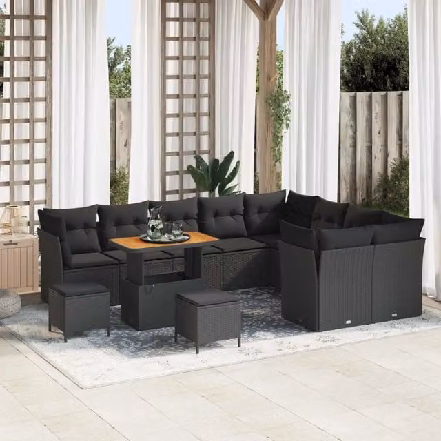 Set Divano da Giardino vidaXL a forma a U composto da 12 pezzi in polyrattan nero con cuscini e tavolino da caffè per esterno – 1